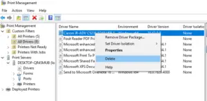 'Unable to remove Print driver. The specified printer driver is currently in use.'