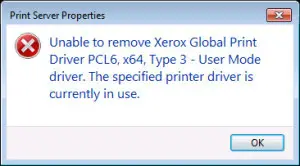 'Unable to remove Print driver. The specified printer driver is currently in use.'