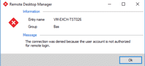 The connection was denied because the user account is not authorized for remote login.