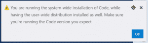 You are running the system-wide installation of Code, while having the user-wide installation as well. Make sure you’re running the code version you expect.