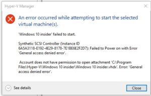 An error occurred while attempting to start the selected Virtual Machine(s).