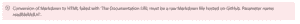 Conversion of Markdown to HTML failed with 'The Documentation URL must be a raw Markdown file hosted on GitHub. Parameter name: readMeMdUrl'.