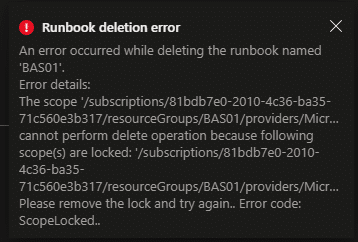 Runbook deletion error